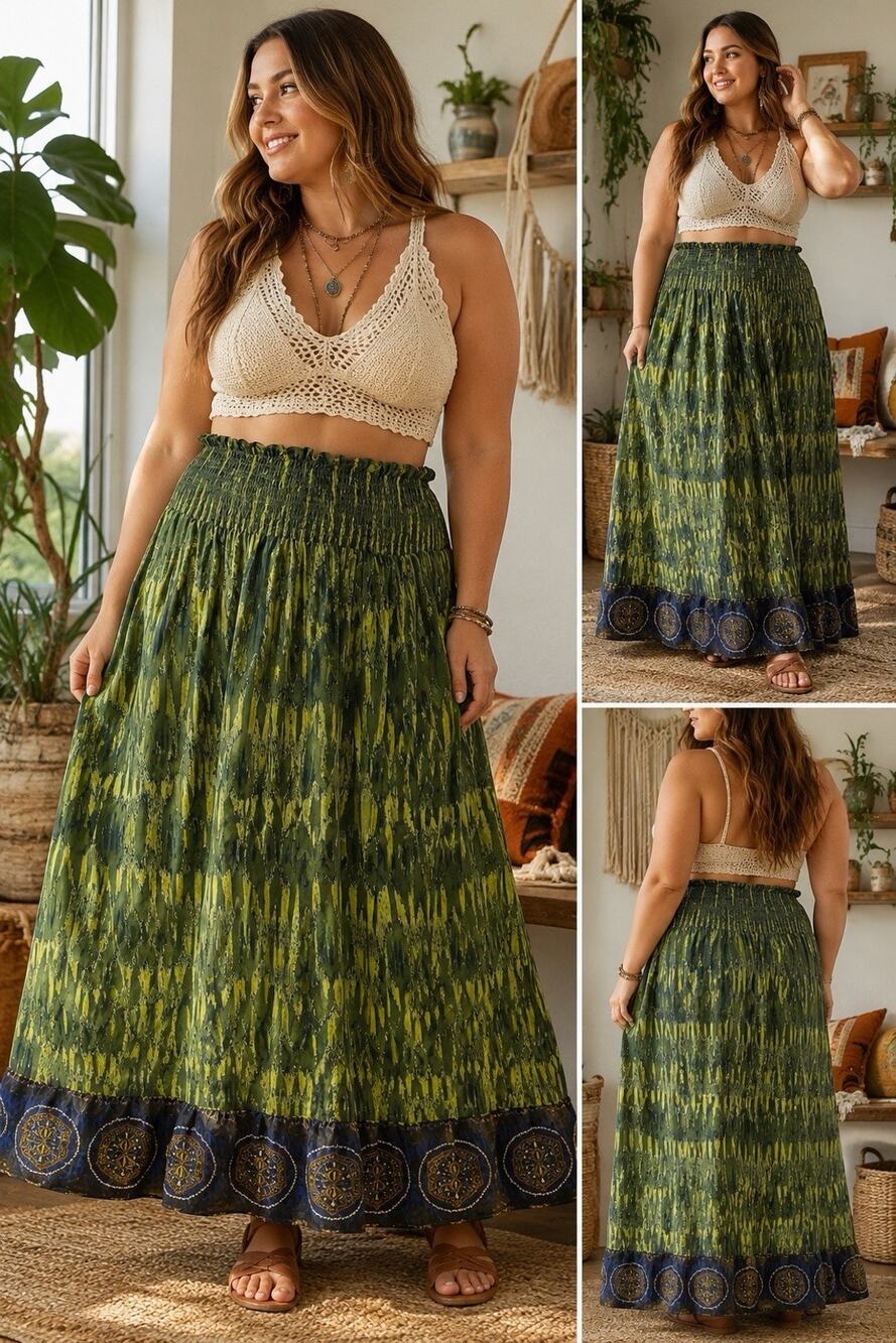 Lane Bryant Plus Size 14/16 Green Boho Maxi Skirt 100% Cotton Smocked ￼